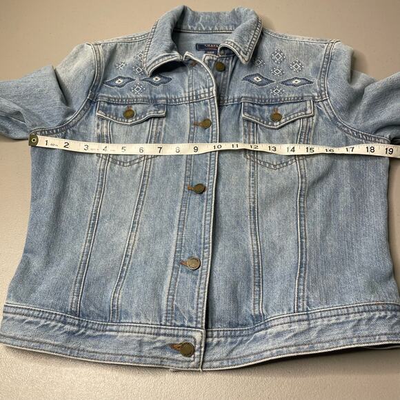 Chaps Vintage Cropped Trucker Denim‎ Jacket Embroidery Detail Collared Blue M - Picture 9 of 11